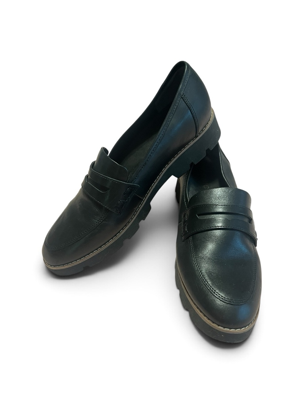 Vionic Black Leather Lug-Sole Penny Loafers